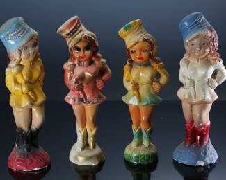Lot of 4 Vintage Carnival Chalkware Majorette Baton Twirling Girls Figure Statues	Red boots 11x4x3 in Black boots 11x4x3 in blue boots 10.5x4x2 in white boots 11x4x3 in	198054
