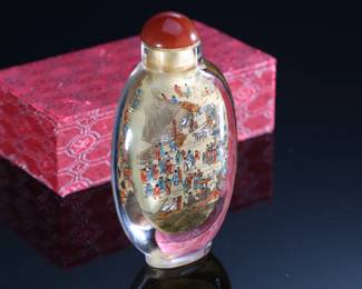 Antique Chinese Reverse Hand Painted Glass Snuff Bottle - Double Sided “Village Scene” With Original Box	2 x 5.5 x 3.5 in	198012
