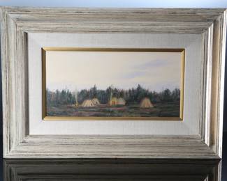 *Original* David Flitner Native American Indian Camp Oil on Canvas Painting Teepee Landscape  	Canvas: 16x8in Frame: 17.5x25.75x2.75in	199170
