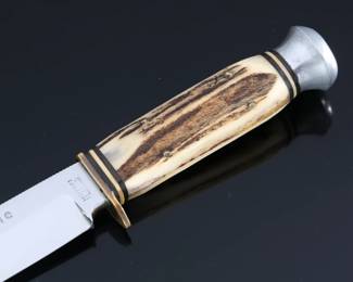 Hoffritz NY Vintage Bowie Knife Stag Handle With Sheath Made in Germany 	Knife: 9.1in Blade: 5.15in<BR>In Sheath: 9.45in	199034
