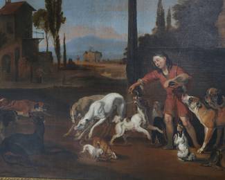 Antique Original Oil Painting Feeding of the Dogs Abraham Hondius Framed Art 	Artwork: 24x30in<BR>Frame: 31x38x3in	289028
