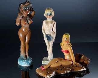 Lot of 3 Vintage Carnival Chalkware Pin-Up Girl Ash Tray Nude Women Figure Statues 	Woman with feather 11.5x3x3 in - Woman wearing necklace 13.5x4.5x3 in - Woman sitting 8x11x6 in	198037

