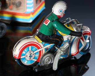 Lot of 8 Vintage Tin Litho Wind-Up Toys - Rocket Ride Carousel - Clockwork Ice Cream Vender - Duck on Bike - Motorcycle - Panda - Frog - Bird	8.5x4x4 in largest box	198036
