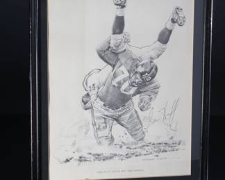 *Signed* Sam Huff NFL Robert Riger Shuts off The Middle Print Framed Autograph Football	Frame: 14.75x11.75x0.5in	199008
