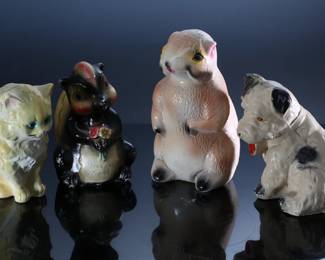 Lot of 4 Vintage Carnival Chalkware Animal Figure Statues - Cat - Dog - Disney’s Flower the Skunk - Squirrel 	Squirrel 10x5.5x6 in - Skunk 8x5x5.5 in - Cat 7x4x5 in - Dog 7.5x5.5x7 in	198039
