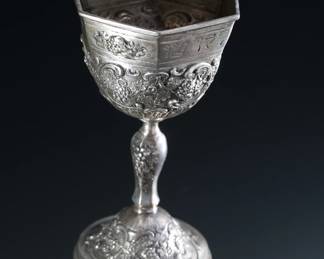 Antique Jewish Hexagonal Repousse Silver Kiddush Cup Wine Goblet	5.25in H x 3x2.6in at top 	289019
