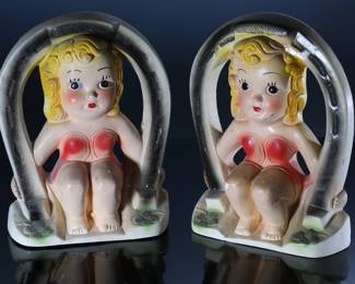 Lot of 2 Vintage Carnival Chalkware Lady Luck Horseshoe Figure Statues 	Each measures 11x8x3 in	198042
