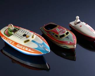 Lot of 3 Vintage Tin Litho Toy Boats Schuco 1015 LUcky Queen Japan 		196093

