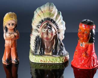 Lot of 3 Vintage Native American Indian Carnival Chalkware Figure Statues 	Tamaiowa 9.5x7x4.5 in - Indian girl 8x5x5 in - Indian boy 9x3x2.5 in 	198045
