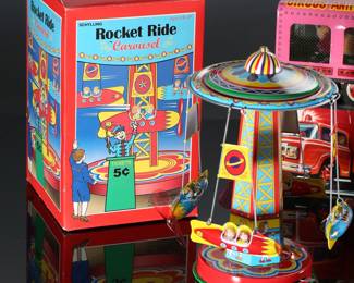 Lot of 6 Vintage Tin Litho Wind-Up Toys in Box - Circus Animal Truck - Panda Drummers - Western Cart with Cowboy - Schylling Rocket Ride Carousel - Clown Riding Scooter	10 x 3.5 x 4 in largest box	198030
