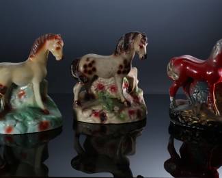 Lot of 3 Vintage Carnival Chalkware Horse Figure Statues 	Tan horse 10x8x4 in  Red horse 10x8x3.5 in Spotted horse 10x8x4 in 	198048
