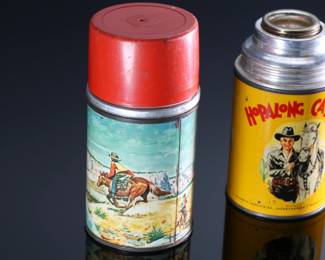 Lot of 2 Vintage Hopalong Cassidy Aladdin Thermos pair AS-IS	#1: 6.5x3.25in Diameter<BR>#2: 6in H x 3.25in Diameter 	196119
