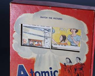 Rare 1950’s Children’s ABC Atomic Bombing Care by Joe Fredriksson Toy & Game MFG  	1.25x 7 (8in/knobs) x10.5in	196050
