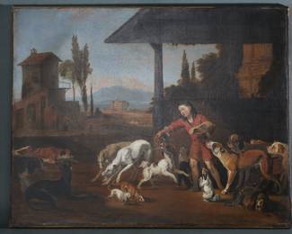 Antique Original Oil Painting Feeding of the Dogs Abraham Hondius Framed Art 	Artwork: 24x30in<BR>Frame: 31x38x3in	289028
