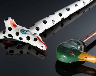 Lot of 2 Folk Art Carved Wood Walking Sticks Canes GLH		196049
