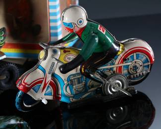 Lot of 8 Vintage Tin Litho Wind-Up Toys - Rocket Ride Carousel - Clockwork Ice Cream Vender - Duck on Bike - Motorcycle - Panda - Frog - Bird	8.5x4x4 in largest box	198036
