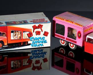 Lot of 6 Vintage Tin Litho Wind-Up Toys in Box - Circus Animal Truck - Panda Drummers - Western Cart with Cowboy - Schylling Rocket Ride Carousel - Clown Riding Scooter	10 x 3.5 x 4 in largest box	198030
