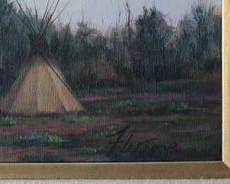 *Original* David Flitner Native American Indian Camp Oil on Canvas Painting Teepee Landscape  	Canvas: 16x8in Frame: 17.5x25.75x2.75in	199170
