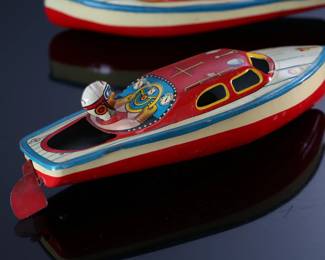 Lot of 2 Vintage Japanese Tin Toy Litho Boats SAN Japan	2x2.5x7.5in 	196091
