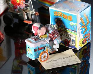 Lot of 8 Vintage Tin Litho Wind-Up Toys - Rocket Ride Carousel - Clockwork Ice Cream Vender - Duck on Bike - Motorcycle - Panda - Frog - Bird	8.5x4x4 in largest box	198036
