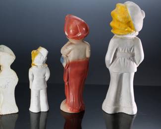 Lot of 4 Vintage Carnival Chalkware Women Figure Statues - Apache Babe - Flapper - Kewpie	Apache babe 15x5.5x5 in red dress 13.5x4.5x3.5 in Green hat 9x3x2 in military uniform 9x3x2.5 in 	198056
