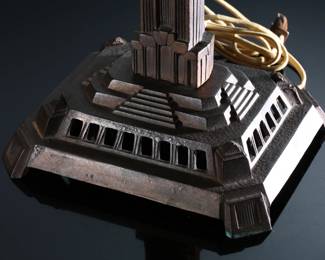 1930s Antique Art Deco JJ Braze Co NYC Bronze Cast Iron Empire State Building Skyscraper Lamp with Mica Shade J.J.	Lamp: 26.5x10.25x8.35in<BR>Shade: 9in H x 16in Diameter 	196185
