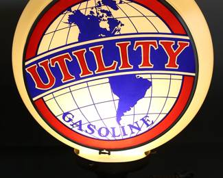 Vintage Utility Gasoline Gas Pump Two-Lens Gill-Bodied Globe In Milk Glass on Light Base	On Light Base: 20.5x16x6.5in <BR>Globe: 16.25x16x6.25in	196156
