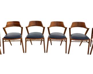 Mid-Century Modern Danish Teak Dining Table & 6 Chairs by Sun Cabinet Co. MCM Frederick	Table: 29in h x47in diameter<BR> Leaf Extensions::  19.625 x 47in each<BR>Chair: 31x19.5x20in	196189
