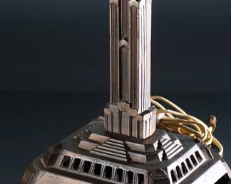 1930s Antique Art Deco JJ Braze Co NYC Bronze Cast Iron Empire State Building Skyscraper Lamp with Mica Shade J.J.	Lamp: 26.5x10.25x8.35in<BR>Shade: 9in H x 16in Diameter 	196185
