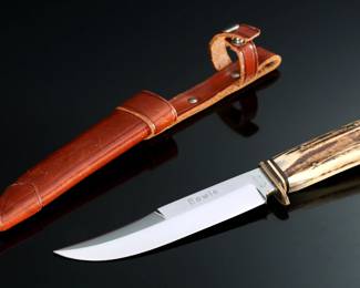 Hoffritz NY Vintage Bowie Knife Stag Handle With Sheath Made in Germany 	Knife: 9.1in Blade: 5.15in<BR>In Sheath: 9.45in	199034
