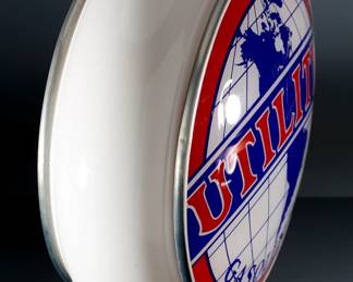 Vintage Utility Gasoline Gas Pump Two-Lens Gill-Bodied Globe In Milk Glass on Light Base	On Light Base: 20.5x16x6.5in <BR>Globe: 16.25x16x6.25in	196156
