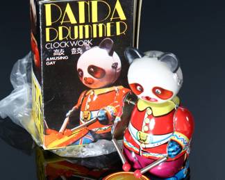 Lot of 8 Vintage Tin Litho Wind-Up Toys - Rocket Ride Carousel - Clockwork Ice Cream Vender - Duck on Bike - Motorcycle - Panda - Frog - Bird	8.5x4x4 in largest box	198036
