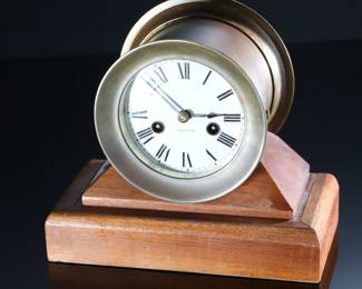 Antique Waterbury Brass Ship Clock on Base Nautical Marine	Clock Bezel: 5.5in<BR>Total: 7.75x9x4.5in	199016
