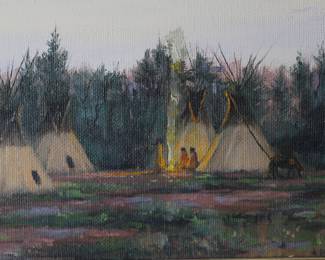 *Original* David Flitner Native American Indian Camp Oil on Canvas Painting Teepee Landscape  	Canvas: 16x8in Frame: 17.5x25.75x2.75in	199170
