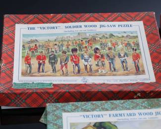 Lot of 3 Vintage The “Victory” Wood Jig-Saw Puzzles Farmyard Soldier Dog Jigsaw by G. J. HAYTER 	1x10.5x8in	196074
