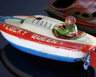 Lot of 3 Vintage Tin Litho Toy Boats Schuco 1015 LUcky Queen Japan 		196093
