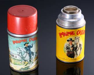 Lot of 2 Vintage Hopalong Cassidy Aladdin Thermos pair AS-IS	#1: 6.5x3.25in Diameter<BR>#2: 6in H x 3.25in Diameter 	196119
