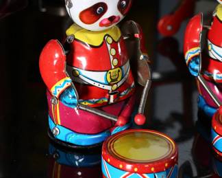 Lot of 6 Vintage Tin Litho Wind-Up Toys in Box - Circus Animal Truck - Panda Drummers - Western Cart with Cowboy - Schylling Rocket Ride Carousel - Clown Riding Scooter	10 x 3.5 x 4 in largest box	198030
