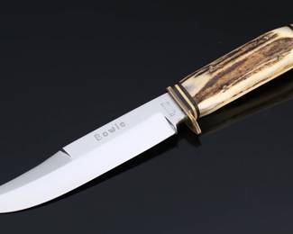 Hoffritz NY Vintage Bowie Knife Stag Handle With Sheath Made in Germany 	Knife: 9.1in Blade: 5.15in<BR>In Sheath: 9.45in	199034
