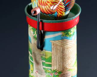 Vintage Chicken Farm Wind Up Tin Litho Noisemaker Toy Shackman Japan 	5x3x2.5in	196105
