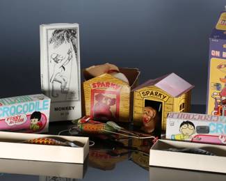 Lot of 5 Vintage Tin Litho Wind-Up Toys in Box - Monkey - Duck on Bike - Inertia Crocodile - Call Sparky the Dog 	8.5 x 4 x 4 in largest box	198029
