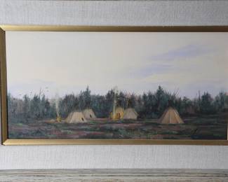 *Original* David Flitner Native American Indian Camp Oil on Canvas Painting Teepee Landscape  	Canvas: 16x8in Frame: 17.5x25.75x2.75in	199170
