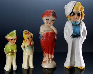 Lot of 4 Vintage Carnival Chalkware Women Figure Statues - Apache Babe - Flapper - Kewpie	Apache babe 15x5.5x5 in red dress 13.5x4.5x3.5 in Green hat 9x3x2 in military uniform 9x3x2.5 in 	198056
