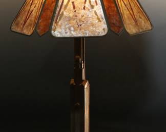 1930s Antique Art Deco JJ Braze Co NYC Bronze Cast Iron Empire State Building Skyscraper Lamp with Mica Shade J.J.	Lamp: 26.5x10.25x8.35in<BR>Shade: 9in H x 16in Diameter 	196185
