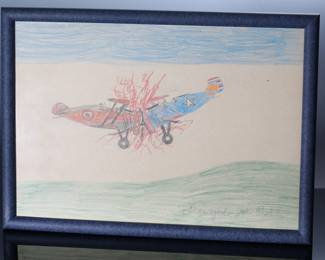 *Original* Folk Art Dwight Joe Bell Planes Crashing Crayon on Paper Painting 	Frame: 15.5x21.5in	196015
