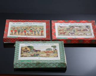 Lot of 3 Vintage The “Victory” Wood Jig-Saw Puzzles Farmyard Soldier Dog Jigsaw by G. J. HAYTER 	1x10.5x8in	196074

