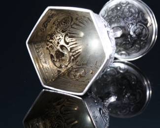 Antique Jewish Hexagonal Repousse Silver Kiddush Cup Wine Goblet	5.25in H x 3x2.6in at top 	289019
