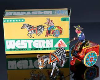 Lot of 6 Vintage Tin Litho Wind-Up Toys in Box - Circus Animal Truck - Panda Drummers - Western Cart with Cowboy - Schylling Rocket Ride Carousel - Clown Riding Scooter	10 x 3.5 x 4 in largest box	198030
