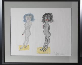 *Original* Folk Art GC DePrie “Creative” Colored Pencil Painting 2 Nude Ladies Gerald 	Image: 17.5x21.75in<BR>Frame: 23.75x28.15x1in	196003
