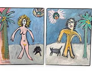 2pc *Original* Art Rudy Turk Bodacious Adam & Woebegone Eve 1996 Framed Painting 	Frame: 30.5x 24.75in	196022
